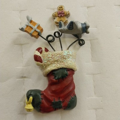 Christmas Santa Boot Stocking Brooch Pin with Gift Box Gingerbread Man & Plane