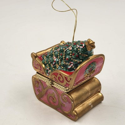 Mr. Christmas Hinged Gold Sleigh w/ Tree Music Box Ornament Ceramic 4.5"