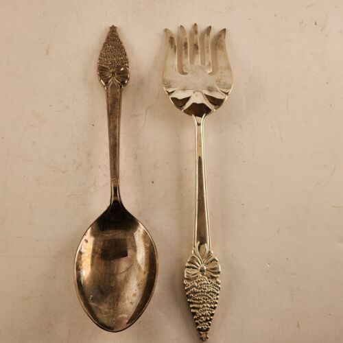 Salad Serving Fork and Spoon Christmas Tree Bow Handle Pattern Silver Plated 11"