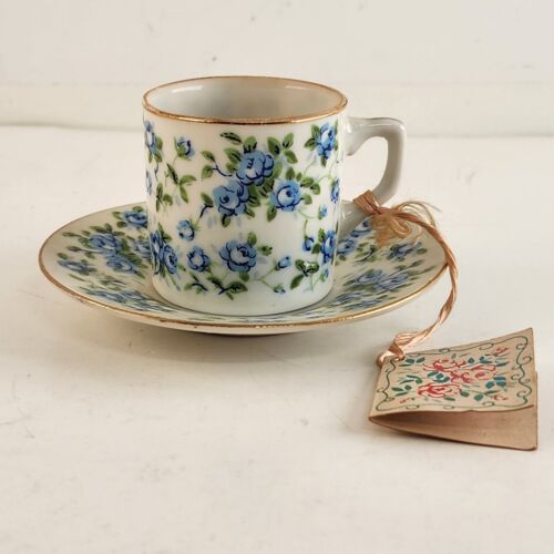 Enesco China Rose Blue Mini Teacup & Saucer Candle Porcelain Japan