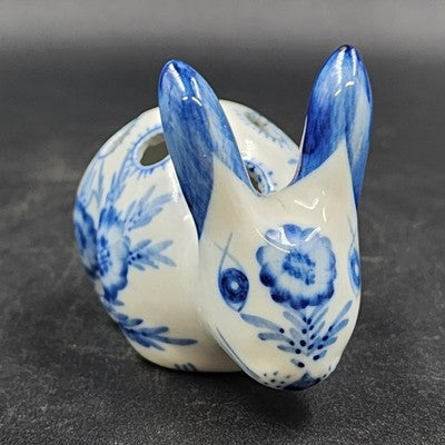Blue White Porcelain Bunny Rabbit Flower Frog 4.5" 5 Holes Floral Holder