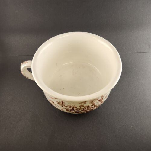 JHW & Sons Semi Porcelain Pottery Chamber Pot Brown Flowers Hanley England 9"x5"