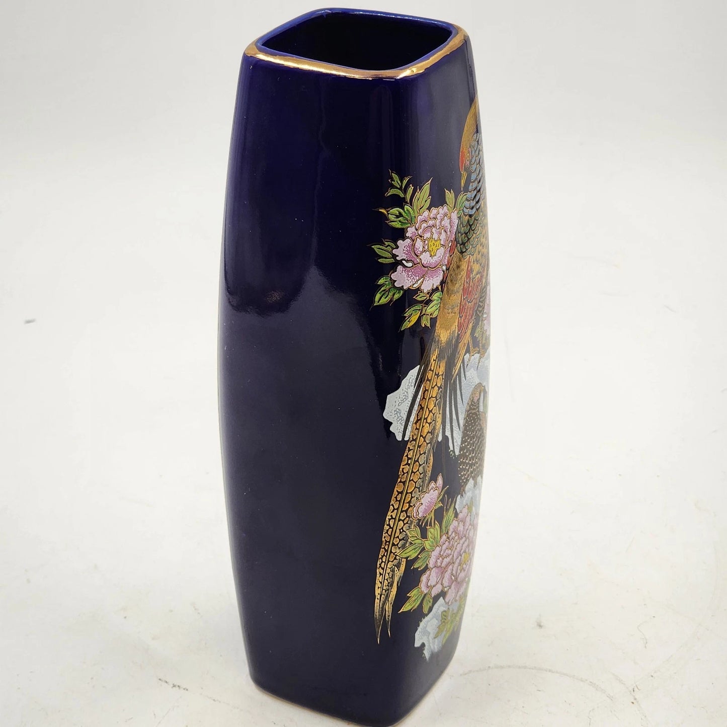 Kutani Interpur Peacocks Floral Vase Cobalt Blue & Gold Trim Japan 9.25”