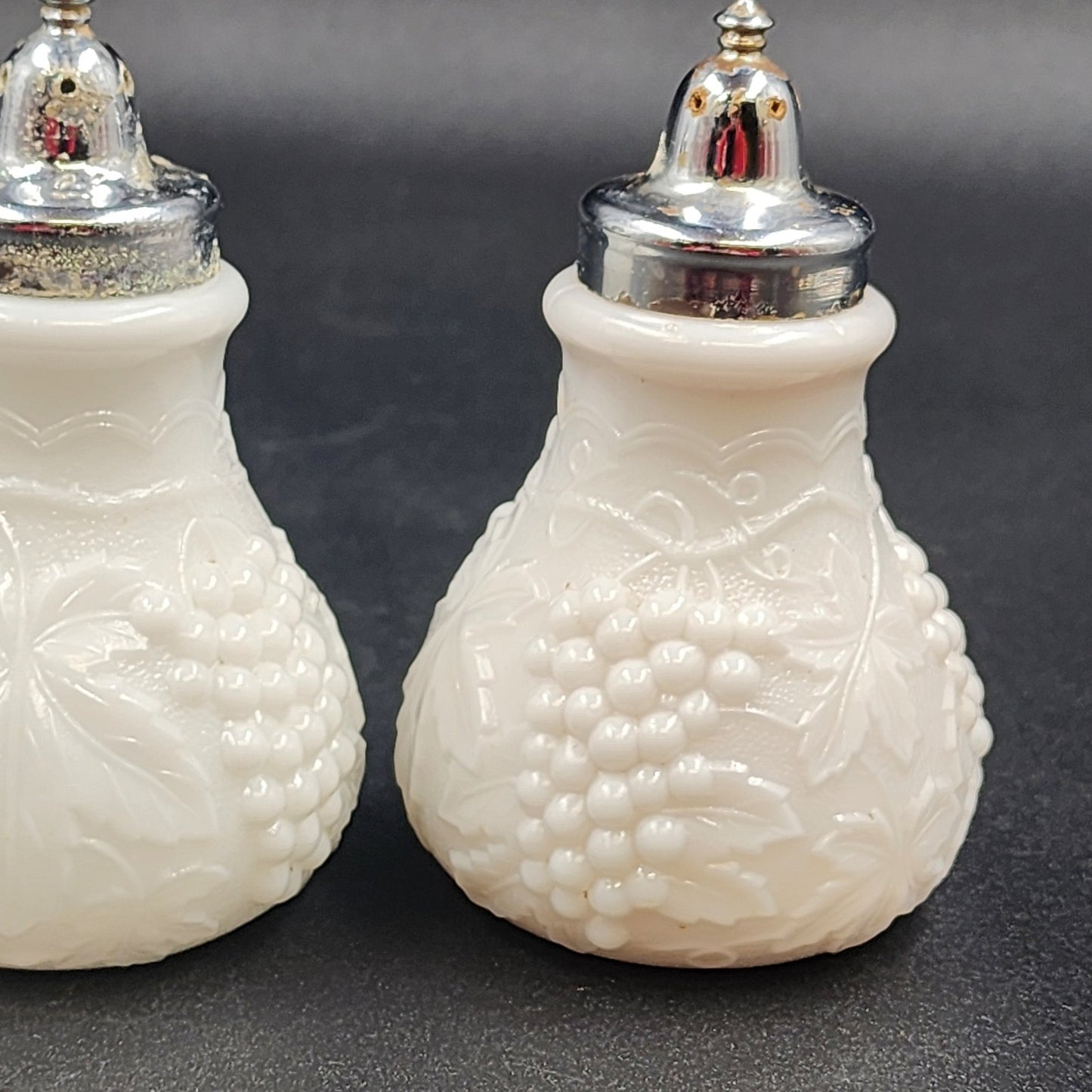 Imperial Milk Glass Grape Vine Pattern Large Salt and Pepper Shaker Set Vintage