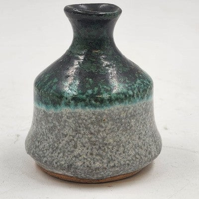 Studio Art Pottery Stoneware Small Bud Vase Green Over Gray 2.75"d x 3"h