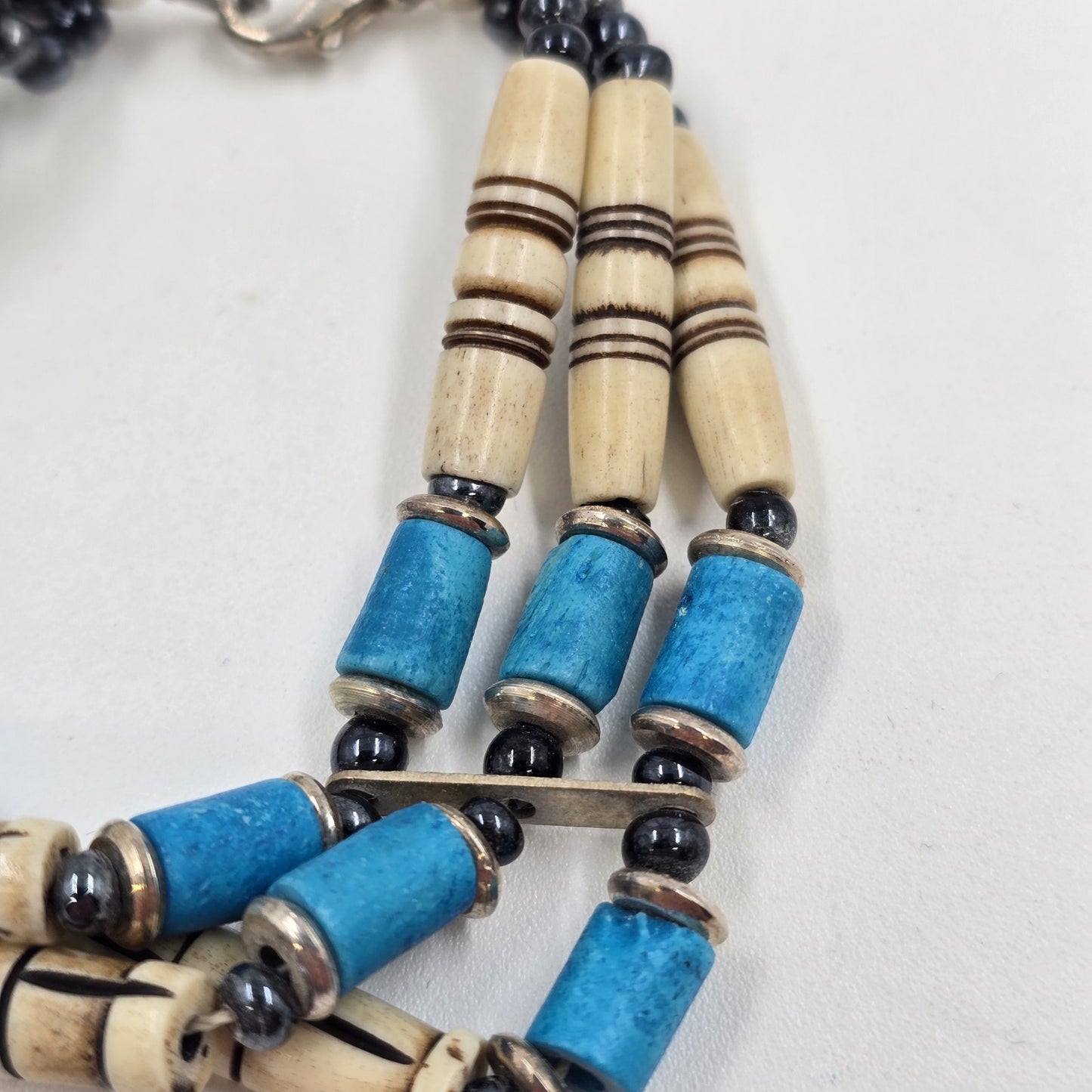 Blue White American Native Style Line Choker Beads 3 Strand Tribal Bracelet 7"
