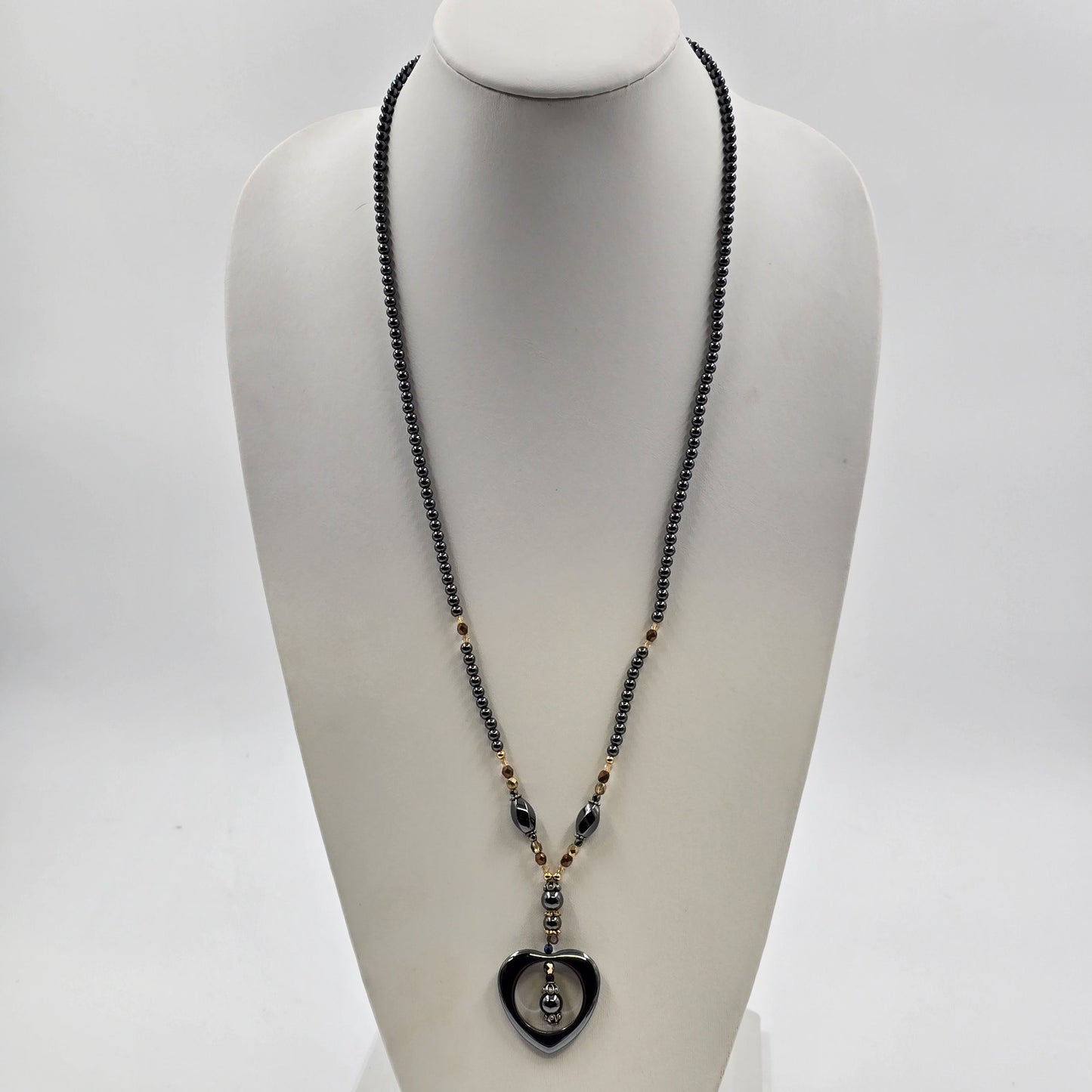 Black Heart Hematite Pendant in Shiny Gray Beads Brown Faux Pearl Necklace