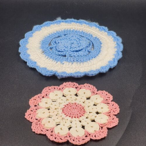 Lot of 2 Vintage Round Crochet Hot Pads Pot Holders Blue White & Pink