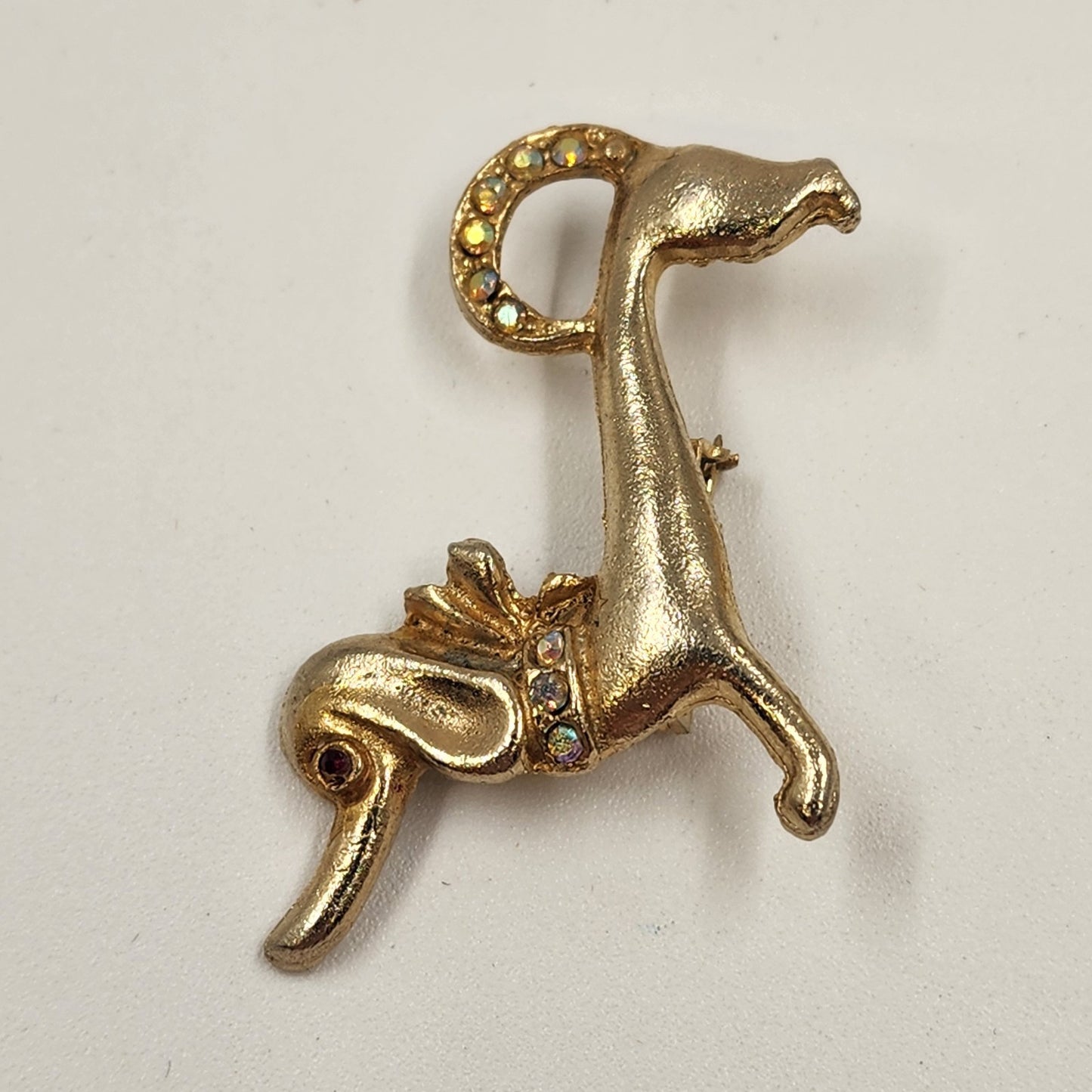 Dachshund Dog Gold Tone Brooch Badge Pin w/ Red Eyes Crystal Clear Rhinestone 2"
