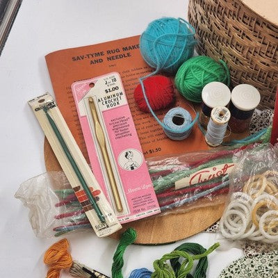 Wood & Wicker Harvey Round Sewing Basket with Miscellaneous Sewing Items Vintage
