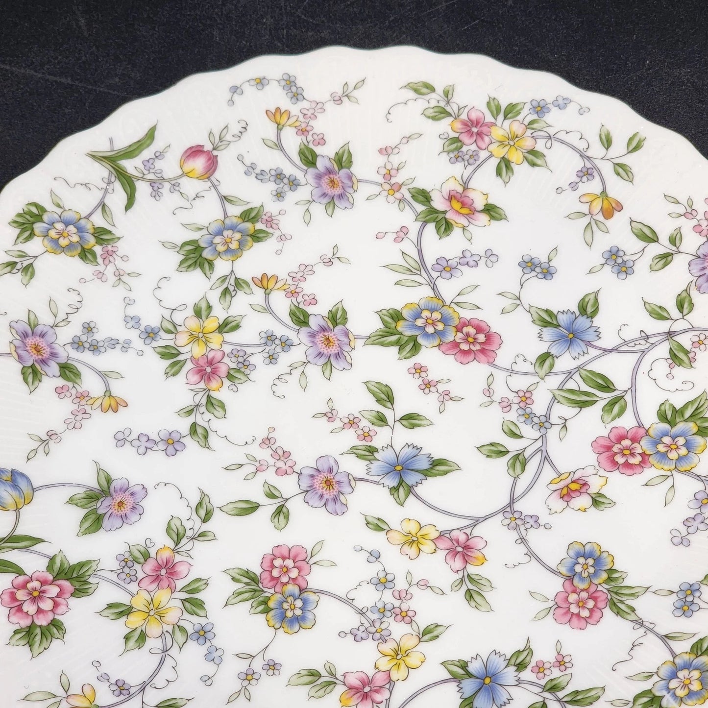 Andrea by Sadek Cake Platter Corona Floral Gold Trim Scalloped Edge 10.5"