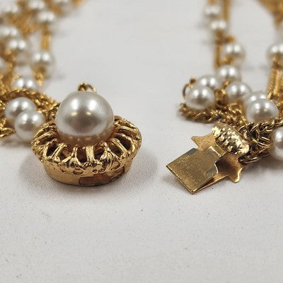 Necklace in Gold Tone Multi Chains with Faux Pearls Double Strand 11" Box Clasp