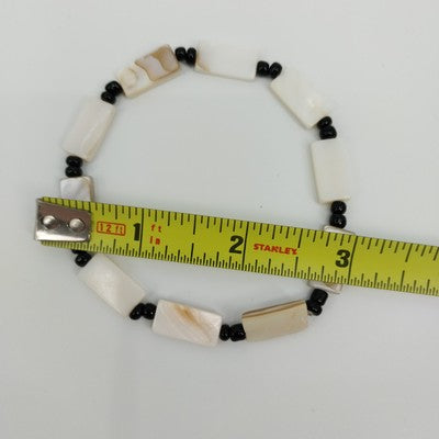 Set of 2 Bracelet Faux Pearl Black & White Beads Cylinder Rectangle Stretch 7.5"