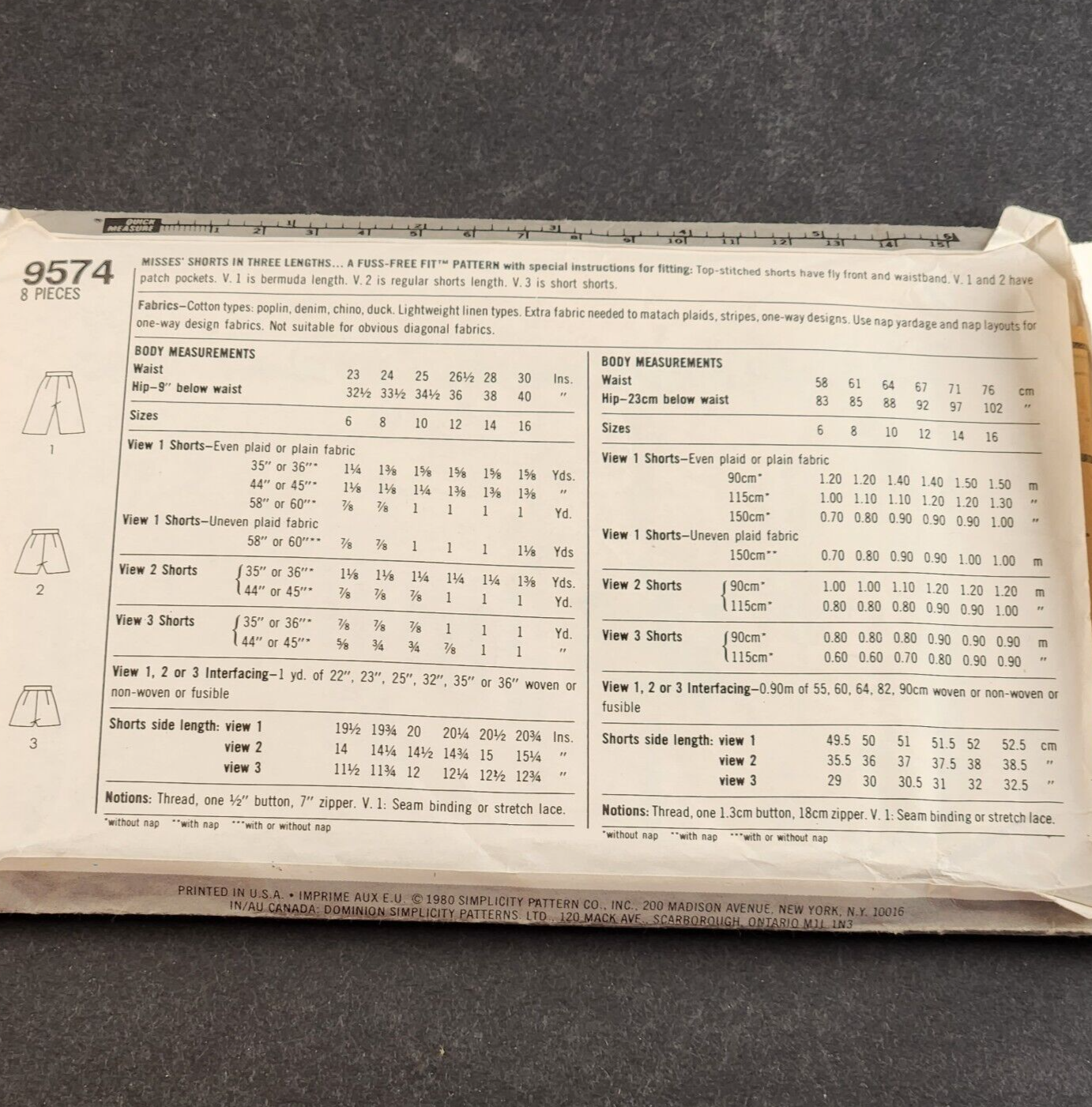 Simplicity 9574 Vintage Sewing Pattern 1980 Misses Shorts in Three Lengths Sz 16