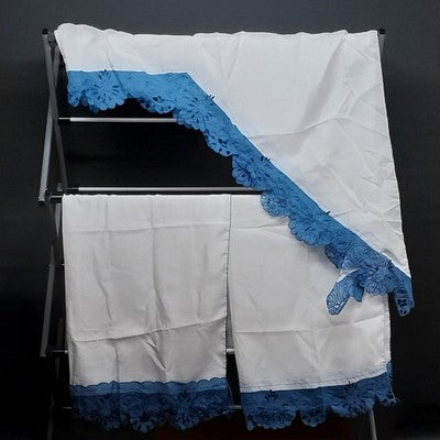1 Pair Of Solid White Cafe & Valance Curtains w Scalloped Blue Lace Floral Trim