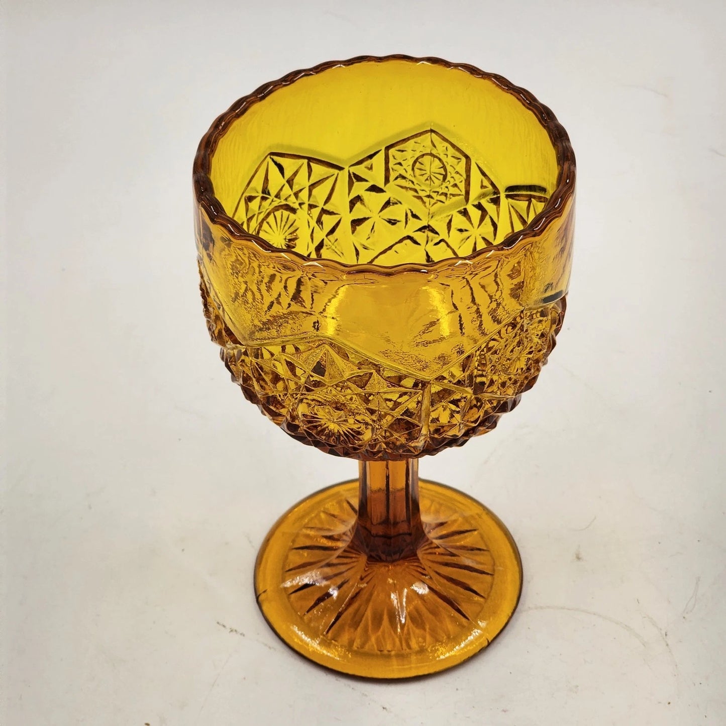 Indiana Glass Hobstar Amber Compote Goblet EAPG Pedestal 8" Vintage Scalloped