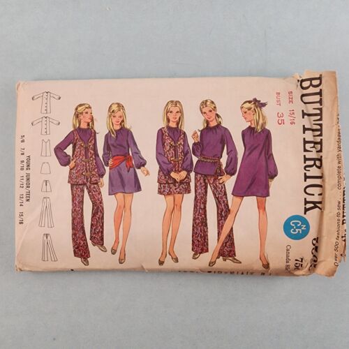 Butterick 5565 Vintage Sewing Pattern 1970 Mod Junior Teen Mini Dress Vest Pants