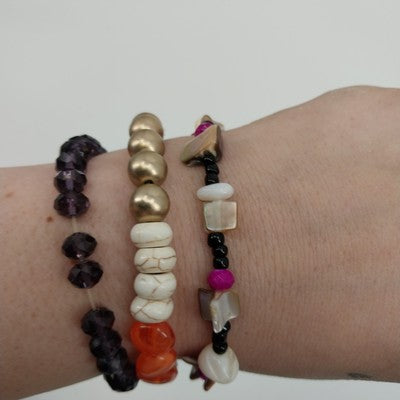 Set of 3 Bracelets Black Faceted Gold White Orange Marbled Glass Faux Beaded 7"