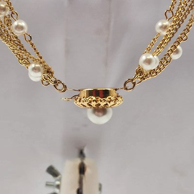 Necklace in Gold Tone Multi Chains with Faux Pearls Double Strand 11" Box Clasp