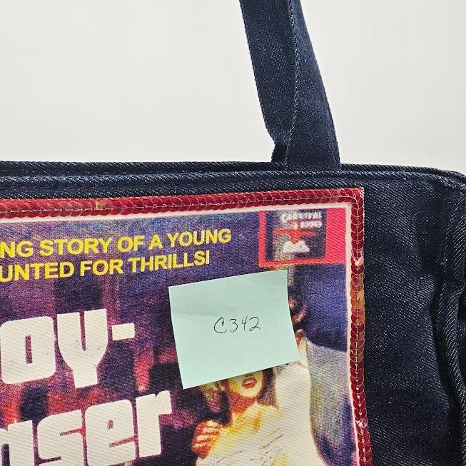 Y2K Denim Tote Bag Boy Chaser Graphic Pop Culture Streetwear Blue Jean Purse Vtg