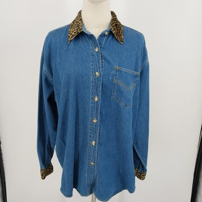 Solutions Blue Denim Shirt L Leopard Print Collar Cuffs Button Up 100% Cotton