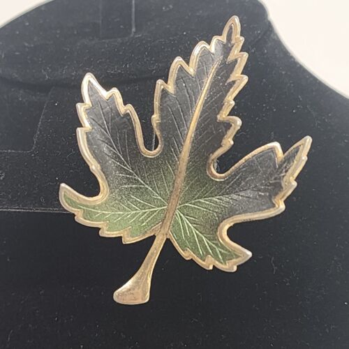 Green Enamel Maple Leaf Brooch Pin Gold Tone Rim and Backing 2" Long Vtg Jewelry