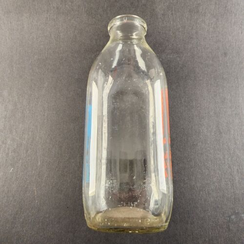 Virginia Dairy Glass Milk Bottle 1 Quart Orange and Blue Logos STOP School Bus
