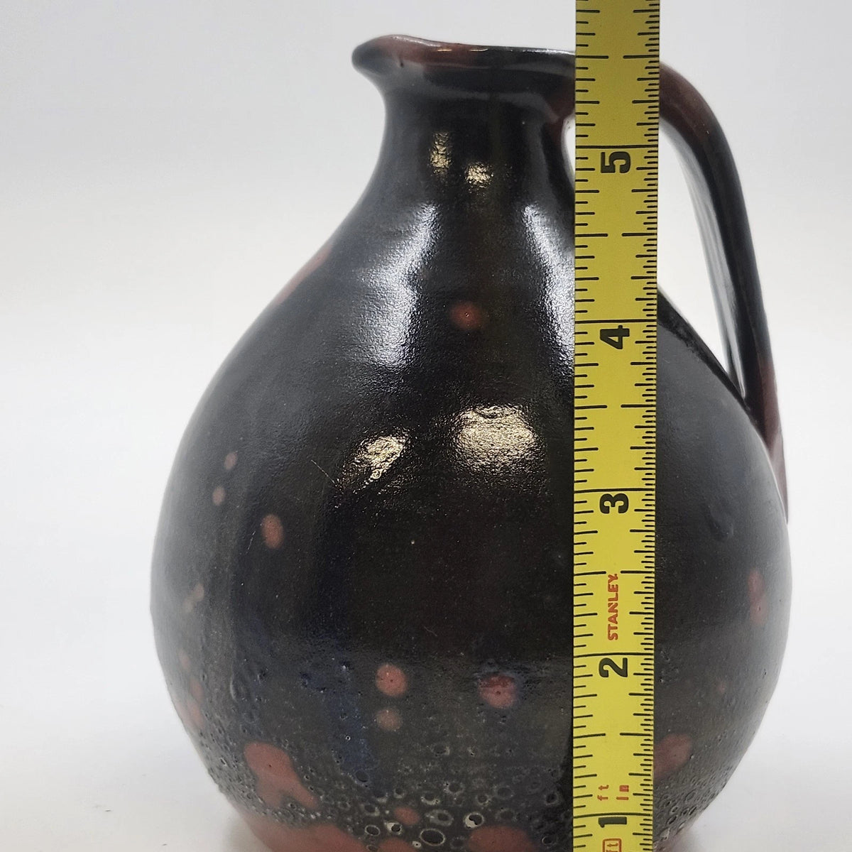 Redware Pottery Pitcher Dark Mottled Glaze 5.5" Tall Antique Style Unmarked