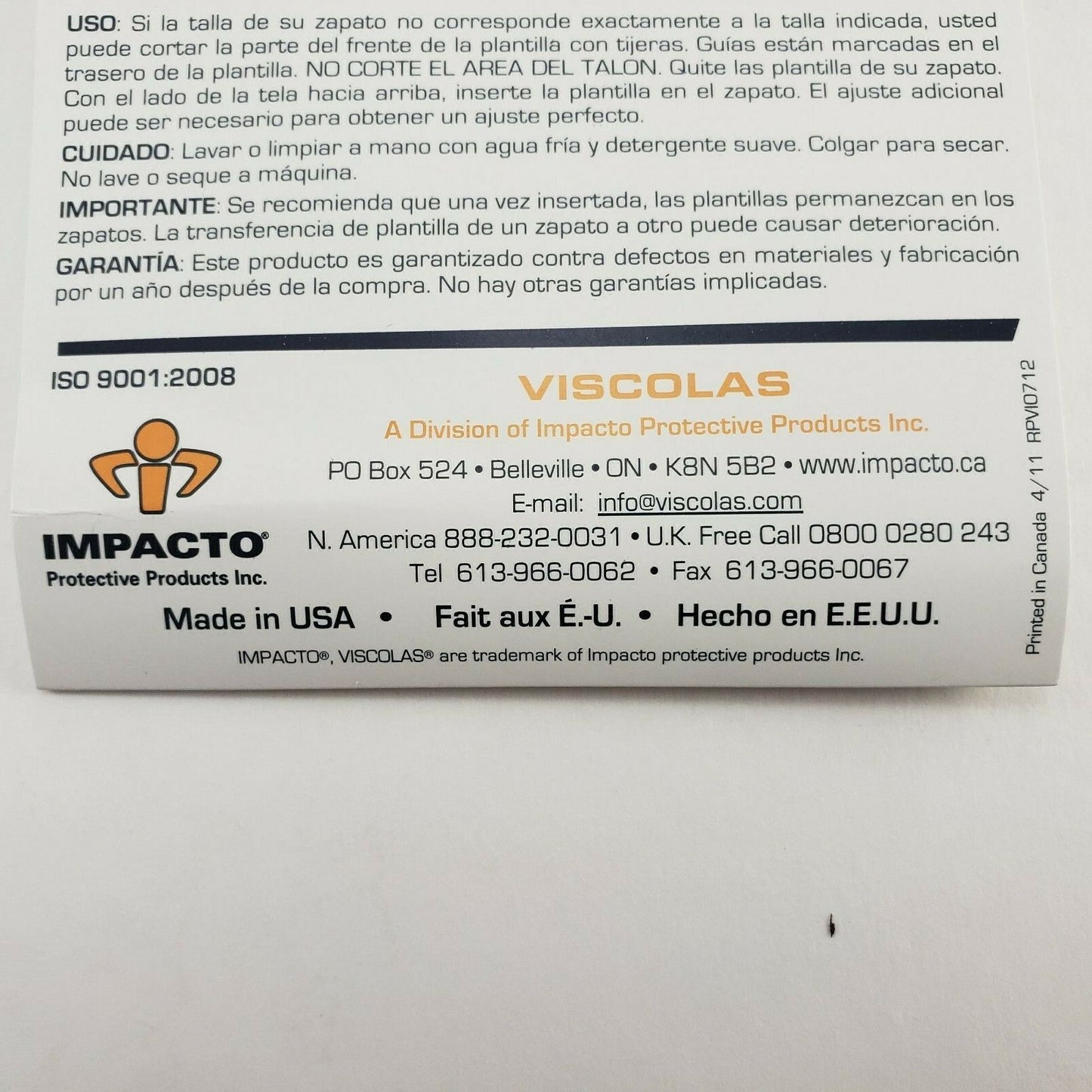 Impacto Anti-Fatigue Insoles Insert Gel Heel Arch Support Size US Men 5 7 NOS