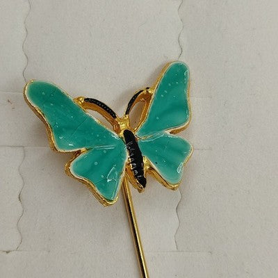 Gold Tone with Small & Large Mint Green Butterfly Enamel Stick Pin 3"