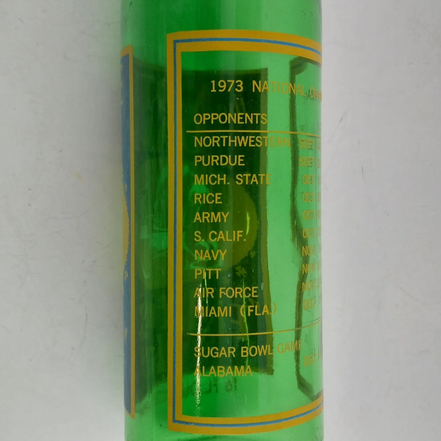 7UP bottle Notre Dame Fighting Irish National Champs Glass Sugar Bowl 1973