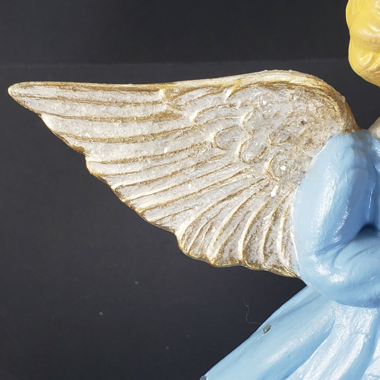 Ceramic Angel Figurine 10"H Blue Dress Rhinestones Glitter Wings Vintage