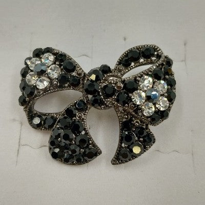 Silver Tone Black & Clear Faceted Rhinestones Bow Ribbon Design Brooch/Pin
