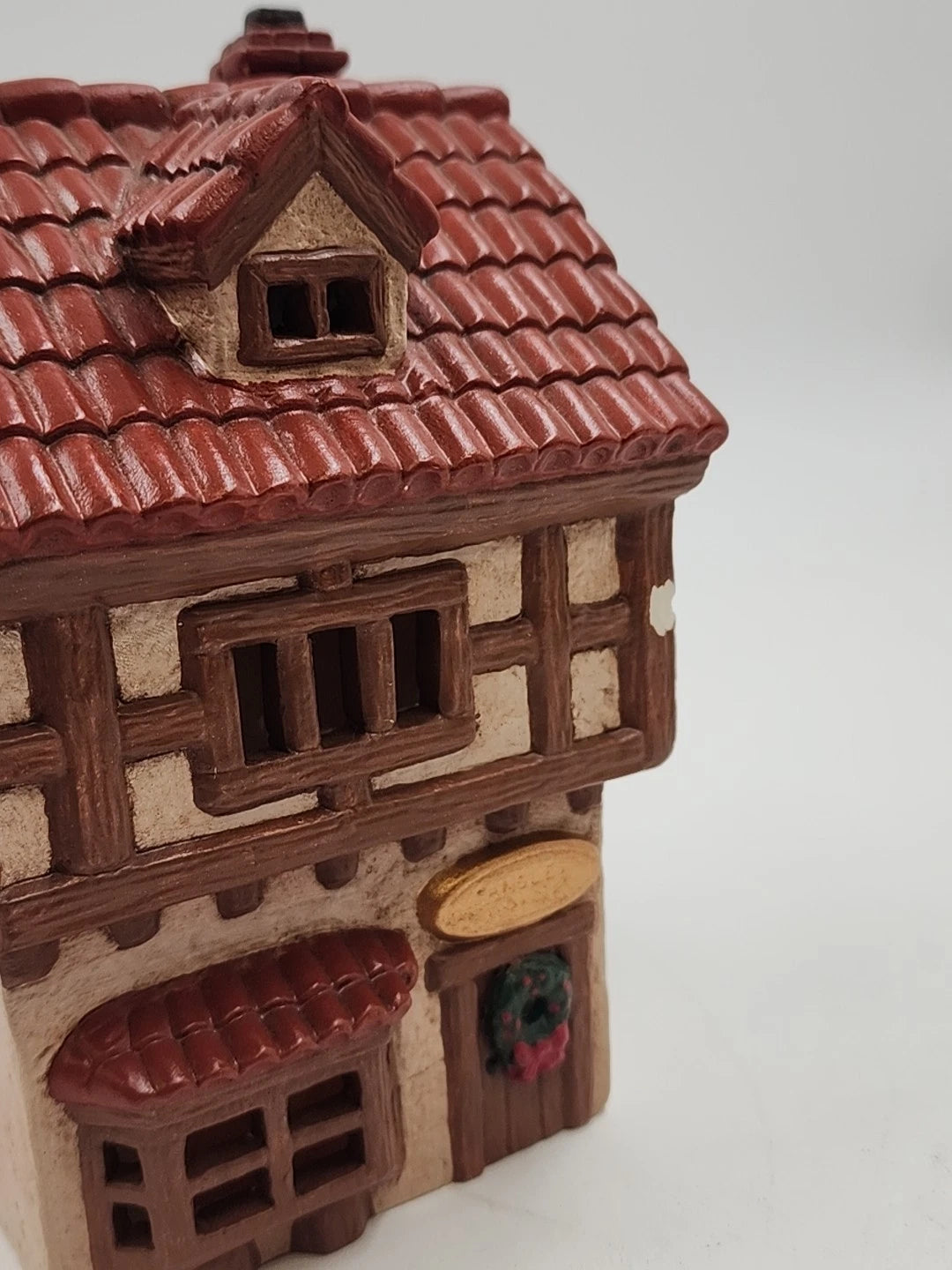 Hand Painted Illuminable Ceramic Candle Shop Christmas Village Winter Chipped