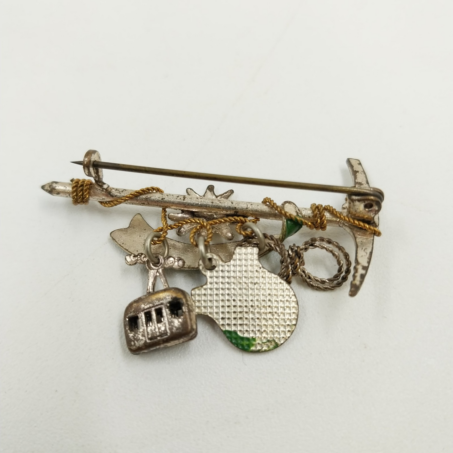 Salzburg Austria Brooch Pin Badge Featuring Ice Axe Edelweiss Flower w 3 Charms
