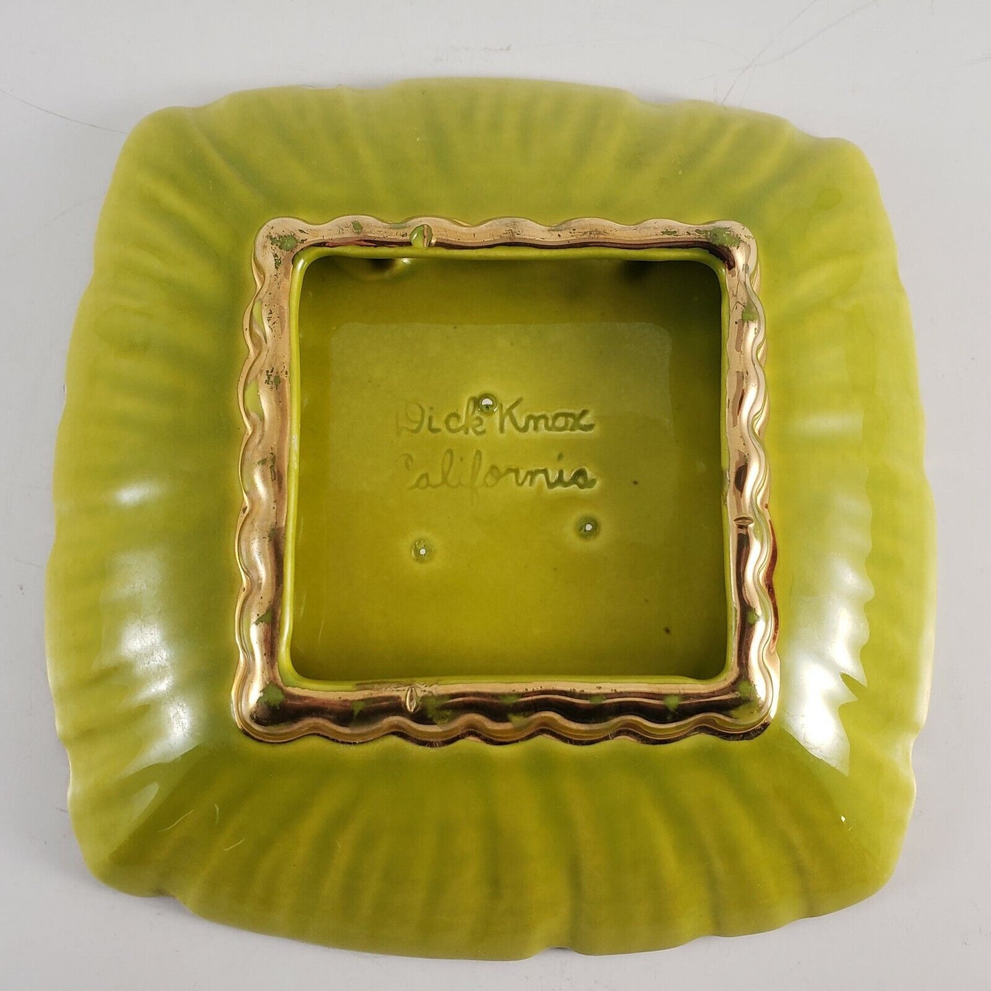 Dick Knox California Art Pottery Footed Ashtray Bowl Lime Green Gold 1940's Rare