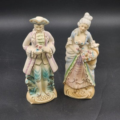 Colonial Man & Woman Figurines 10.5" Painted Porcelain Bisque Occupied Japan