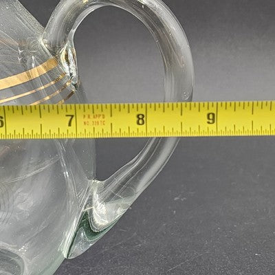 Round Bubble Shape Clear Glass Pitcher with 3 Gold Stripes & Ice Lip 8.5” 1950's