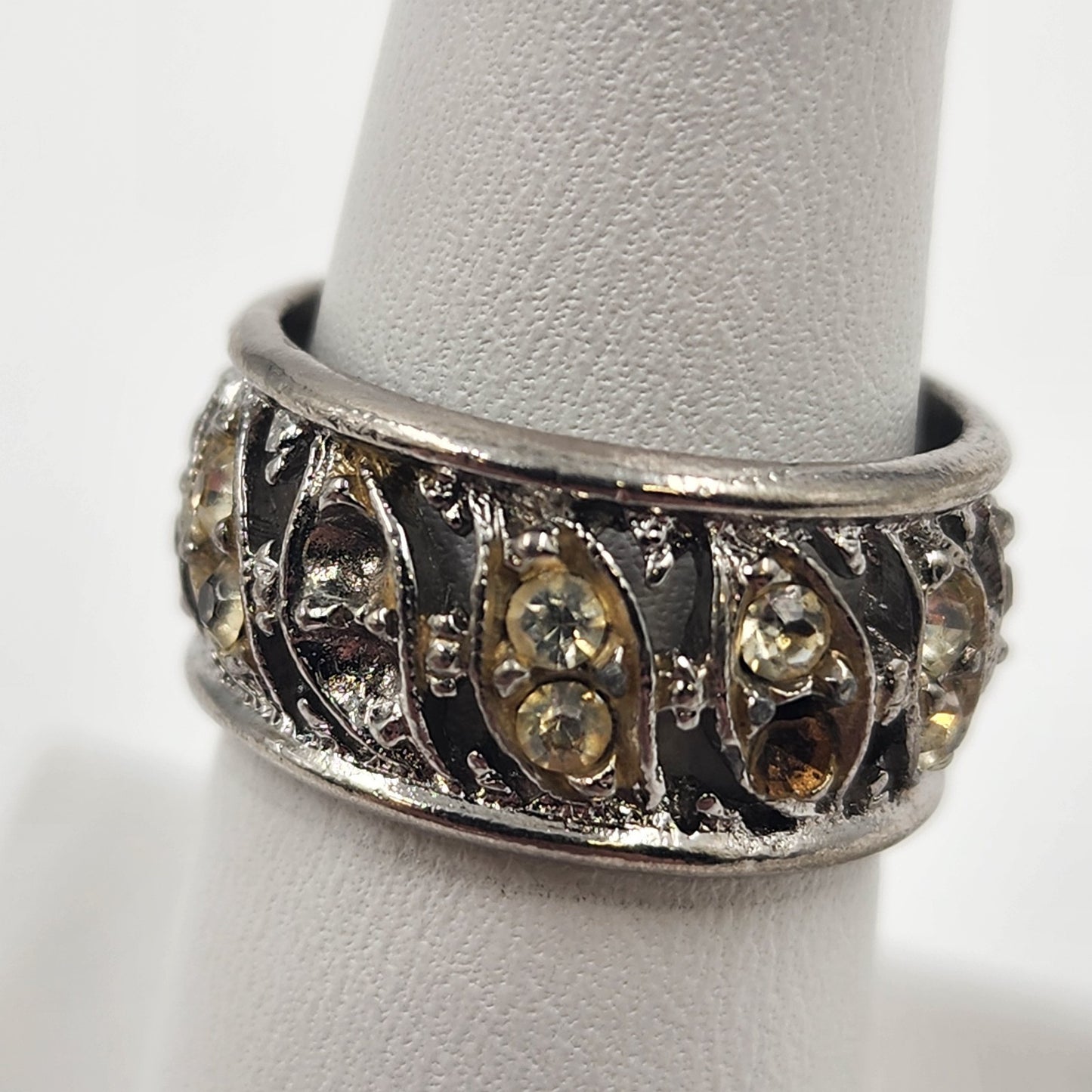 Silver Tone Eternity Ring with Clear Crystal Yellow Rhinestone Size 7 Vintage