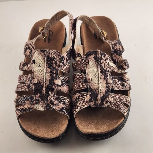 Clarks Collection Women Beige Snake Skin Print Sandals Singback Brown Size 7.5