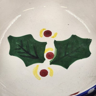 Large Serving Bowl 12" by Present Tense Italy Hand Painted Snowman & Holly Leaf