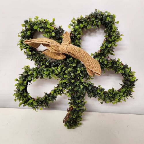 4 Leaf Clover Shamrock Shaped Wreath Plastic Greenery on Grapevine Back Bow 15"
