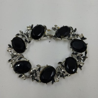 Silver Tone Bracelet Black Enameled Leaf & Faceted Glass Oval Beads