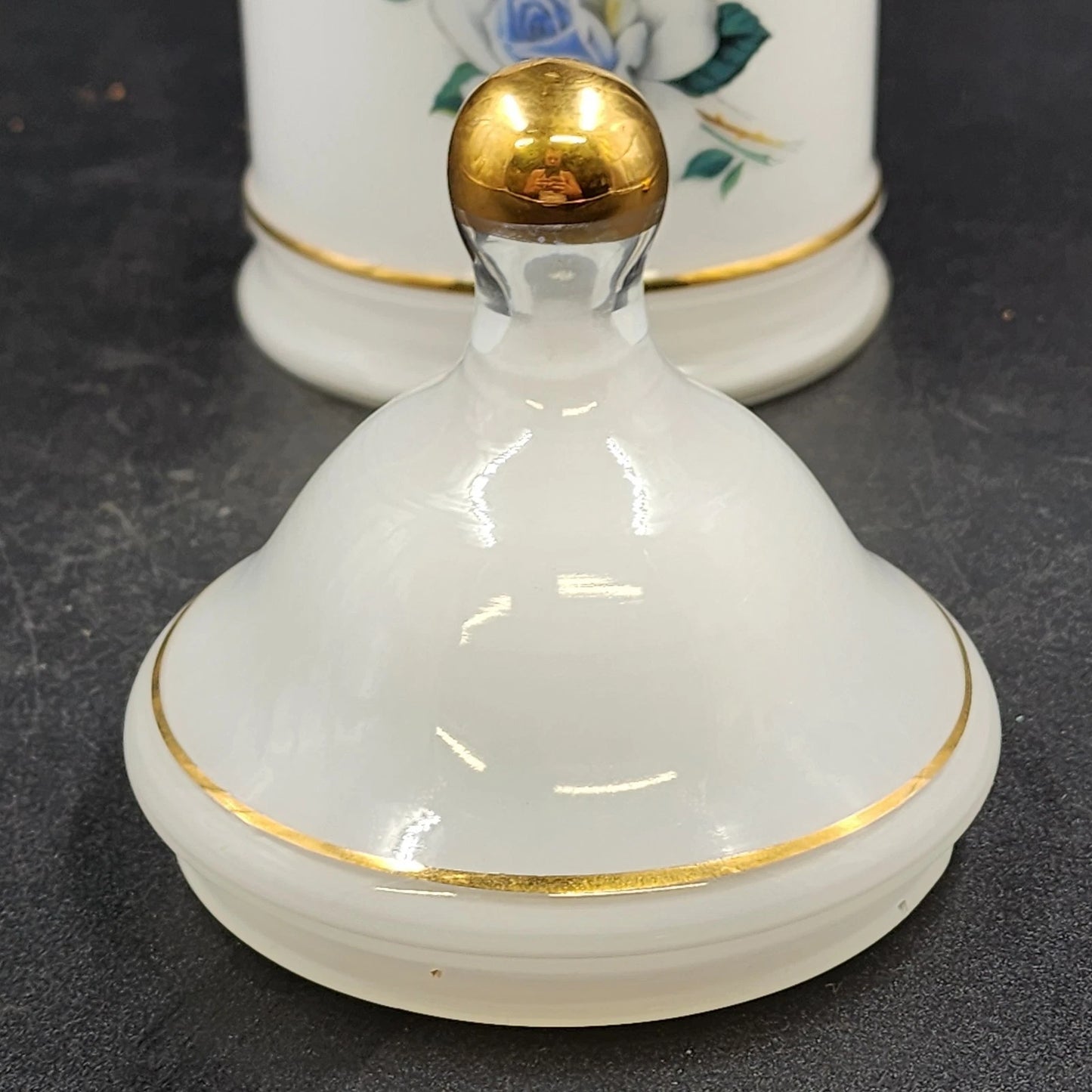 Apothecary Jar Blue Tea Rose in White Frosted Milk Glass with Gold Trim 9" x 4"d