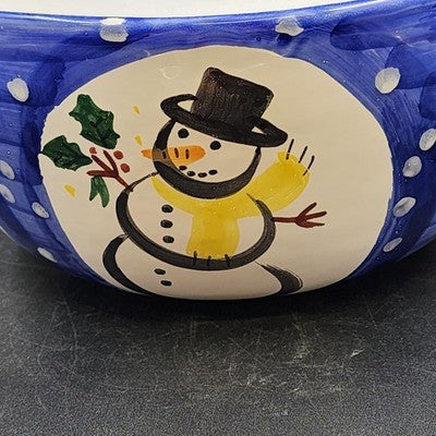 Large Serving Bowl 12" by Present Tense Italy Hand Painted Snowman & Holly Leaf