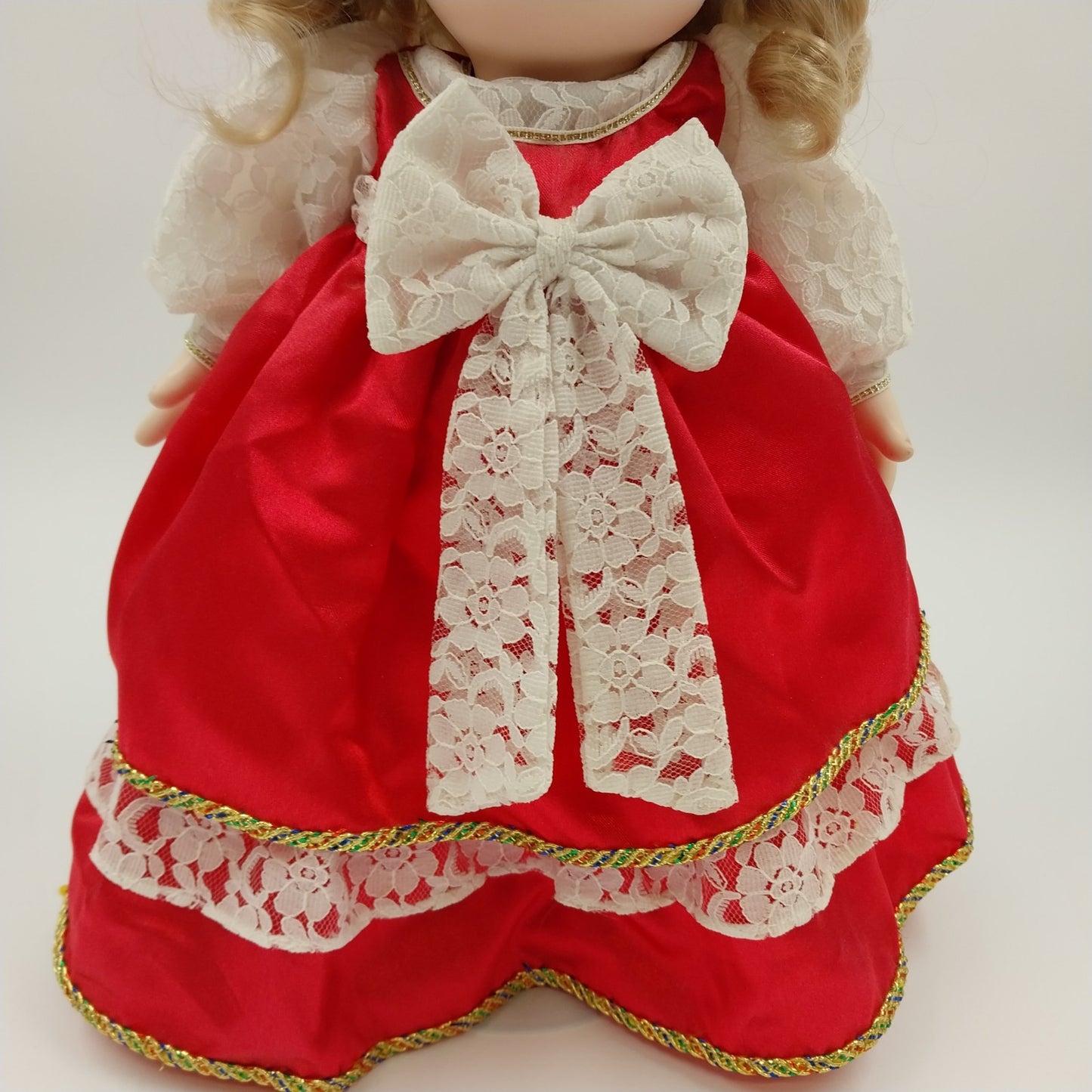 Precious Moments Doll in Red Dress White Ribbon with Stand 16"