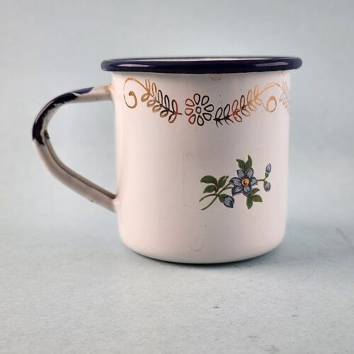 TrEs Enamel Tin Cup Small Mug Vintage Monterrey Mexico Flowers White w Blue Trim
