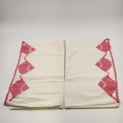 Queen Size Linen Bed Pillow Cases Hand Crocheted Pink Turn of the Century 32.5"