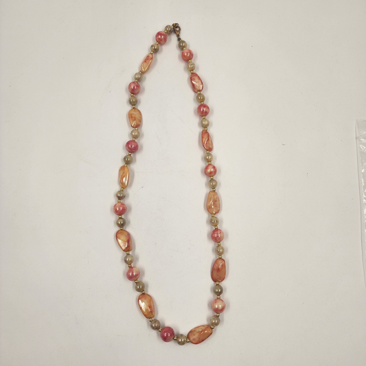 Shiny Pink Orange Peach Tone Faux Pearl Bead Acrylic Long Statement Necklace 14"