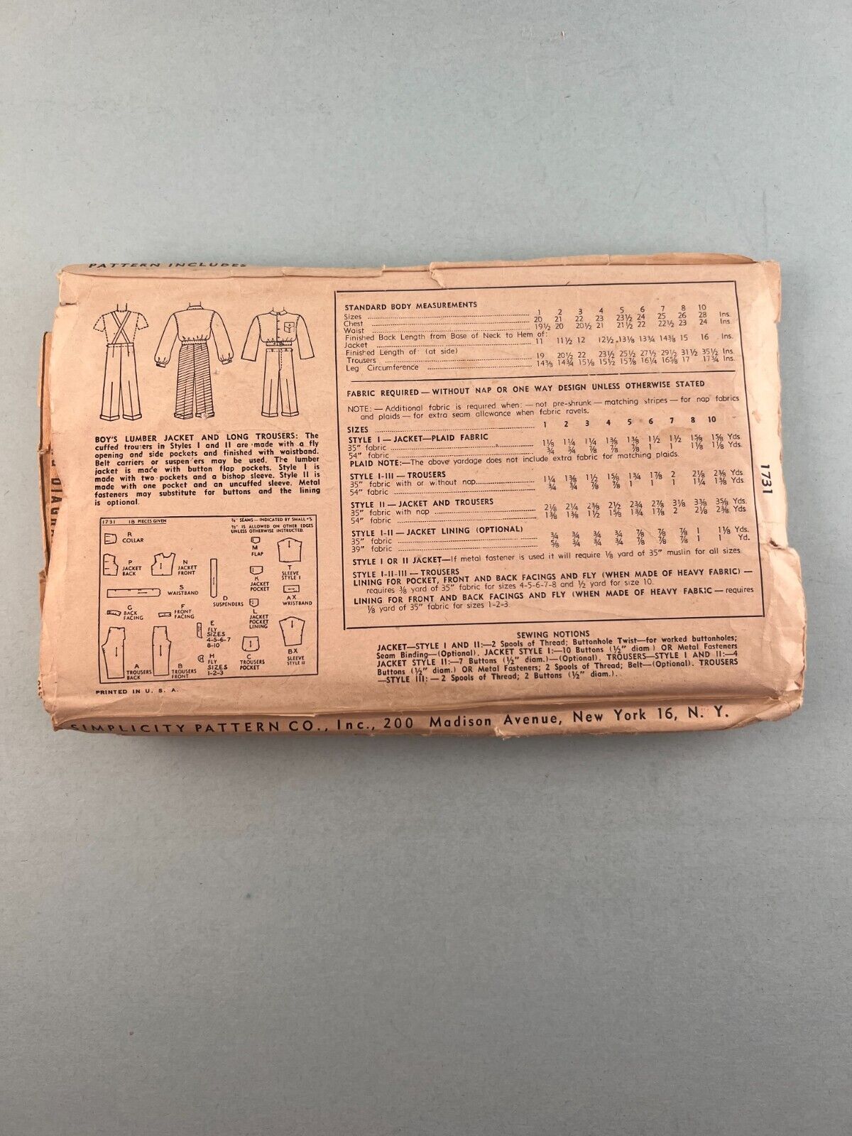 Simplicity 1731 Vintage Sewing Pattern Boys Lumber Jacket and Long Trousers
